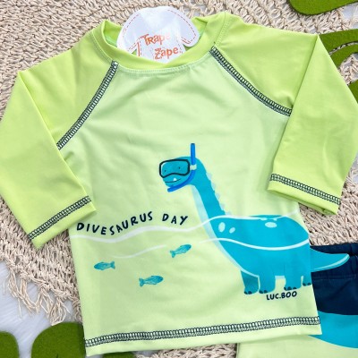 Linha Praia Blusa M/L e Sunga Divesaurus Day - Verde Cítrico